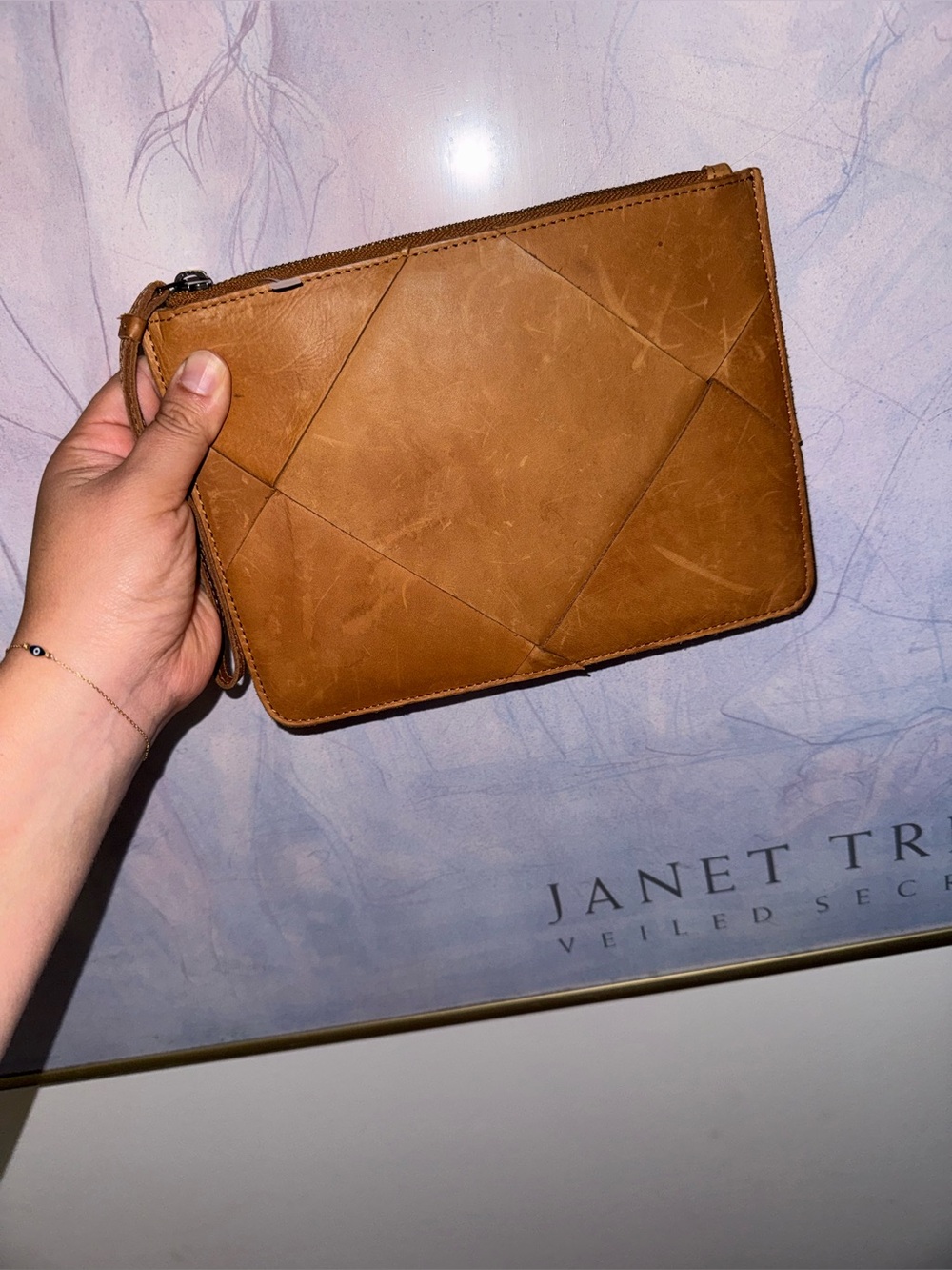 NWOT MARGOT Leather Wristlet Clutch in Tan